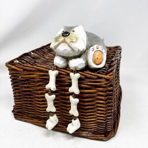 Whimsical Grey Schnauzer Dog Shelf Sitter Figurine Dangling Bone Legs Folk Art